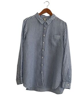 L.L. Bean Women's 100% Linen Button Down Shirt XL Blue Stripe Nautical Coastal